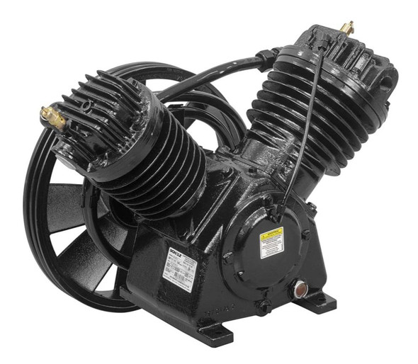Schulz MSV40 Max Air Compressor Pump Replacement, Complete Assembly, Two-Stage, 10 HP (Electric) #0A12EB, black industrial air compressor pump with cooling fins and hardware.