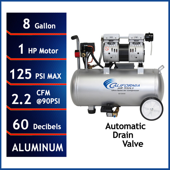New California Air Tools Ultra Quiet, Oil-Free, Lightweight Air Compressor with Automatic Drain Valve & Aluminum Tank #116410