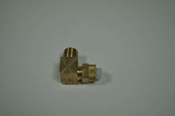 Air Compressor Sales Elbow, 1/4" Compression x 1/8" MPT, brass fitting with threaded and compression ends, used for pneumatic connections.