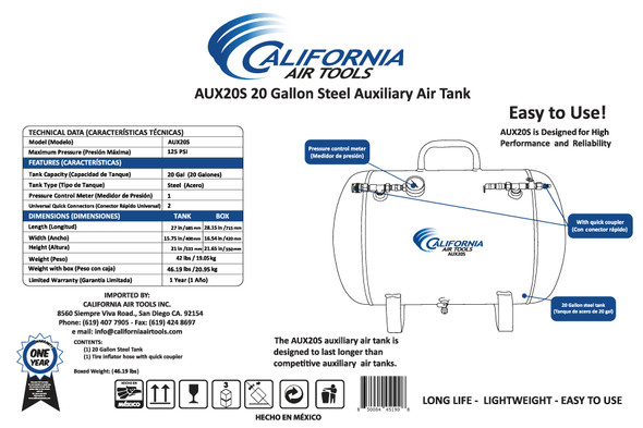Portable Auxiliary Air Tank, 20-Gallon Steel  #116434