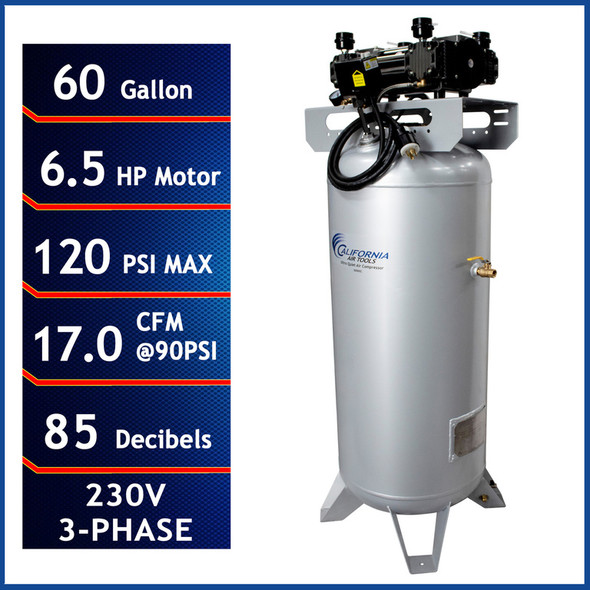 California Air Tools Electric Stationary Air Compressor, Ultra-Quiet, Oil-Free, 60-Gallon, 6.5 HP  #11669E