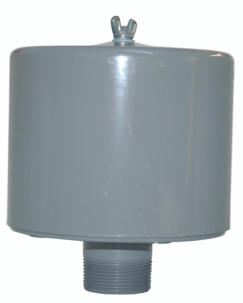 Air Compressor Sales Filter Assembly 1.25" MPT, gray metal air filter with threaded bottom and valve at the top.