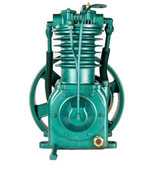 Air Compressor Sales Kellogg R332 Air Compressor Pump Replacement, Complete Assembly, Two-Stage, 3 - 5 HP #0187A2, front view of a green industrial two-stage air compressor pump with cooling fins and connecting hoses.