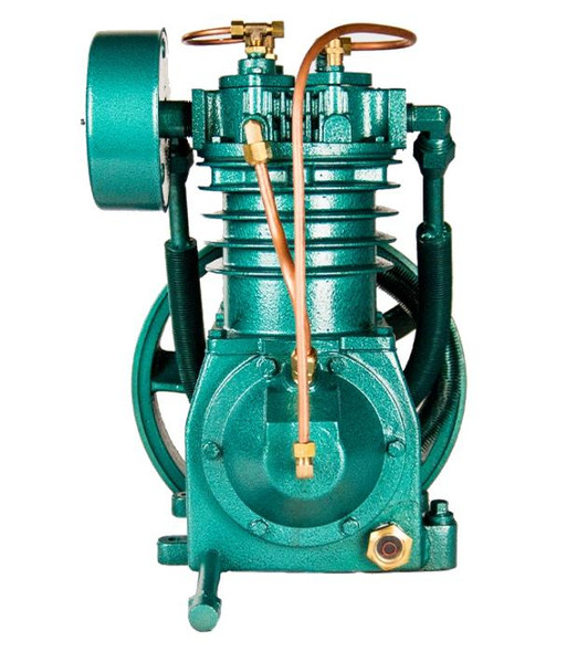Air Compressor Sales Kellogg 335TVX Air Compressor Pump Replacement, Complete Assembly, Two-Stage, 3 - 5 HP, showing a green industrial air compressor pump with copper pipes and black hoses.