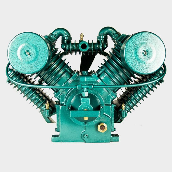 Air Compressor Sales SC46 Air Compressor Pump, Complete Assembly, 2-Stage with Unloaders #0186A7, industrial twin-cylinder air compressor pump in teal color.