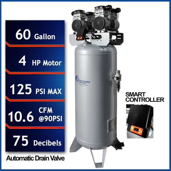 California Air Tools Powerful 4.0 HP SMART Ultra-Quiet & Oil-Free 60-Gallon ASME Stationary Air Compressor with Automatic Drain Valve #116732