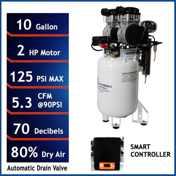 California Air Tools Powerful 2.0 HP SMART Ultra-Quiet & Oil-Free 10-Gallon Stationary Air Compressor with 80% Air Dryer and Automatic Drain Valve #11673C