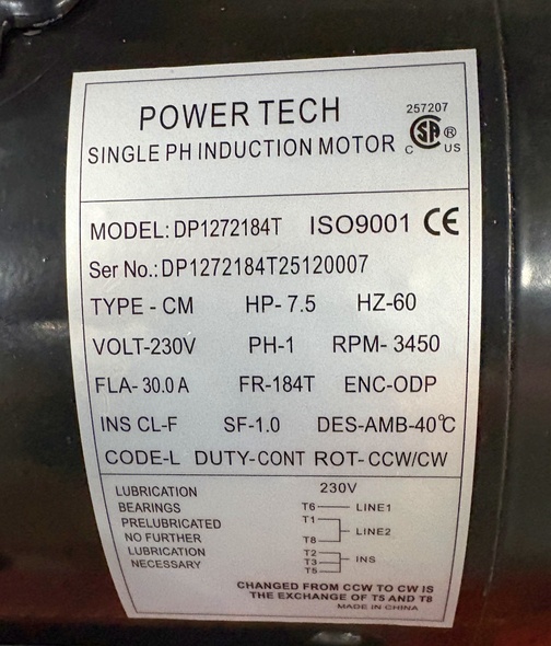 7.5 HP Electric Motor, 230 Volts, Single-Phase, 3,600 RPM #116777