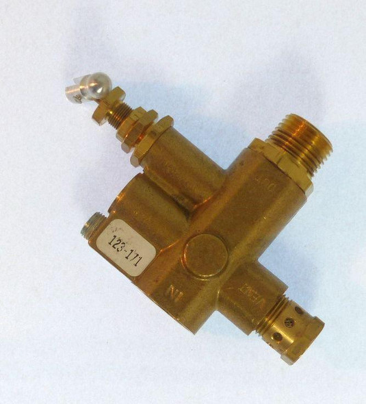 Control Devices Pilot Unloader Valve, 110 / 150 PSI #01A85E, brass valve with multiple connection points and a small silver control knob.