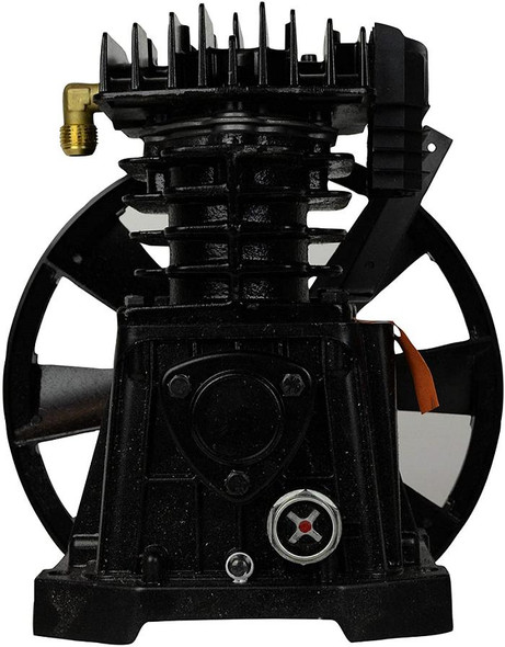 Hitachi 888839 Air Compressor Pump Replacement, Complete Assembly, Single-Stage, 5.5 HP, black, industrial air compressor pump with cooling fins and metal fittings.