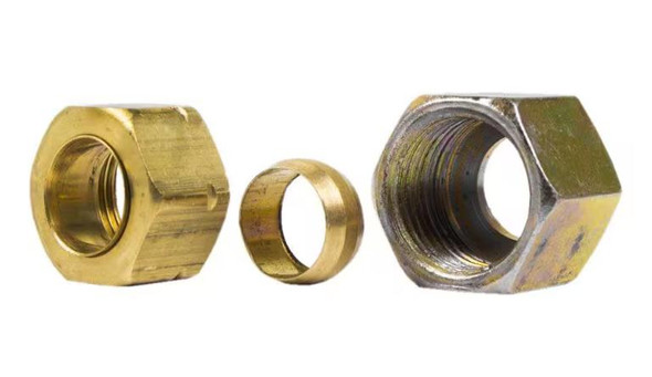 MAT - EDI Compression Nut Assembly #05974E, image showing a brass compression nut, a small ring, and a larger hexagonal compression nut used for plumbing or hydraulic connections.