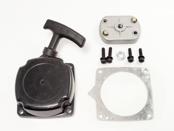 MAT - EDI RECOIL STARTER ASSEMBLY 43 CULTIVATOR #081B63, image showing a recoil starter, mounting plate, screws, nut, and metal gasket for a cultivator.