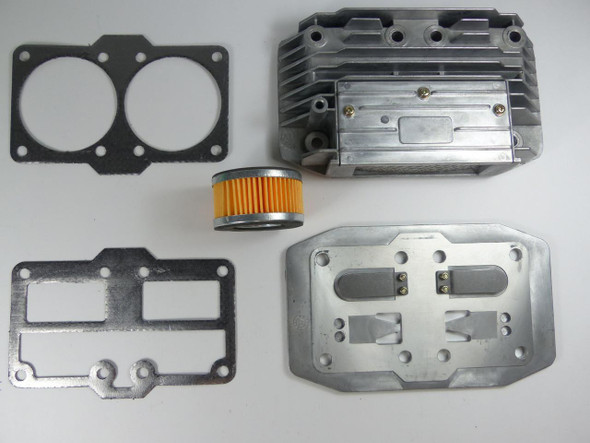 MAT - EDI Head & Valveplate Assembly, 755H #058E07, metal engine part with gasket and filter.