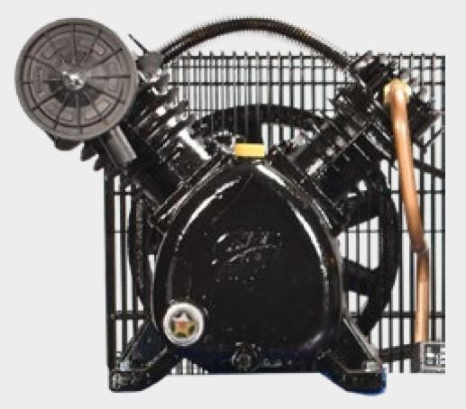 MAT - EDI Air Compressor Pump, Complete Assembly, Two-Stage, 2 HP, CI #01E124, industrial air compressor pump with black metallic components, mounted on a metal grid frame.