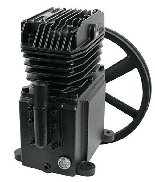 MAT - EDI 753H Air Compressor Pump Replacement, Complete Assembly With Flywheel, Single-Stage #05AA5D, detailed view of black industrial air compressor pump with finned cylinder head and flywheel.