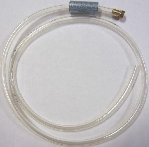 MAT - EDI DRAIN UNLOADER TUBE ASSEMBLY #01BD95, clear flexible tube with metal fittings and a blue protective sleeve.