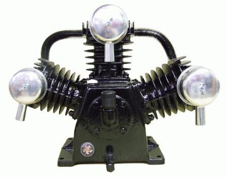 Rolair PMP13PT03AC Air Compressor Pump Replacement, Complete Assembly, Single-Stage, 3 - 5 HP, image showing a black industrial air compressor pump with three spherical components on top and cooling fins on the sides.