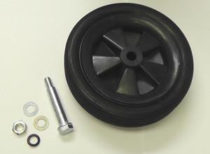 Briggs / Power Distributors Wheel Assembly #05CB71, black plastic wheel with six spokes and a central hub, along with mounting hardware including a bolt and washers.