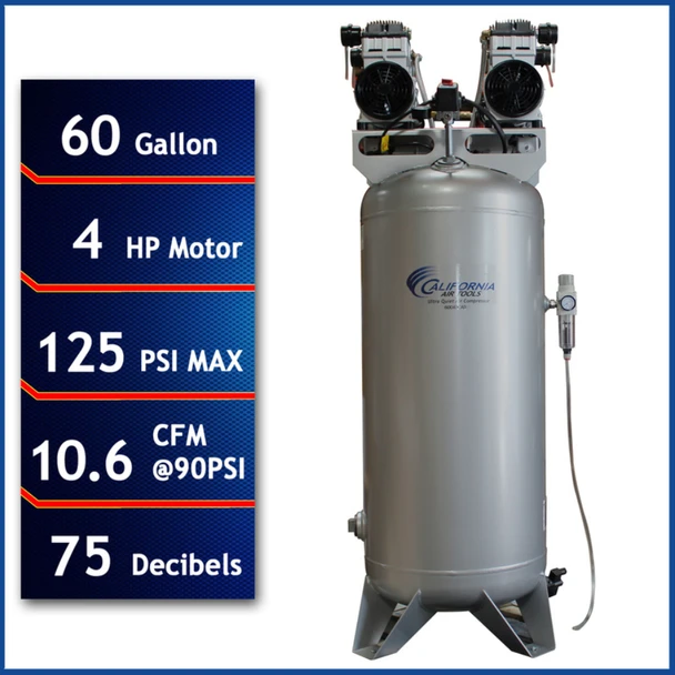 New California Air Tools Ultra-Quiet, Oil-Free Stationary Air Compressor with Automatic Drain Valve, 4 HP #1163CB