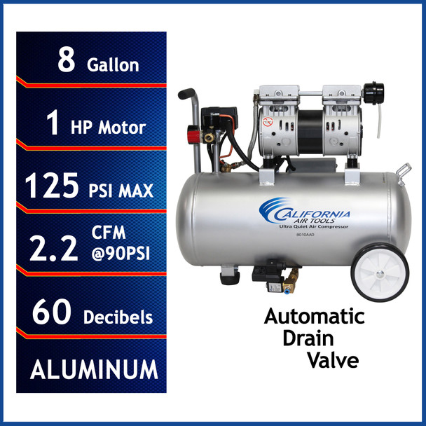 New California Air Tools Ultra Quiet, Oil-Free, Lightweight Air Compressor with Automatic Drain Valve & Aluminum Tank #116410