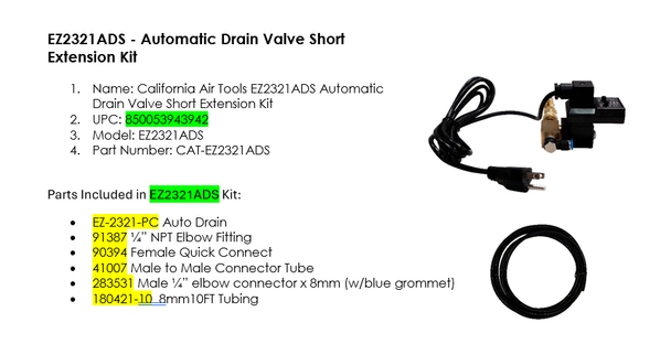 California Air Tools Automatic Drain Valve Short Extension Kit, 110V / 60 Hz #116443
