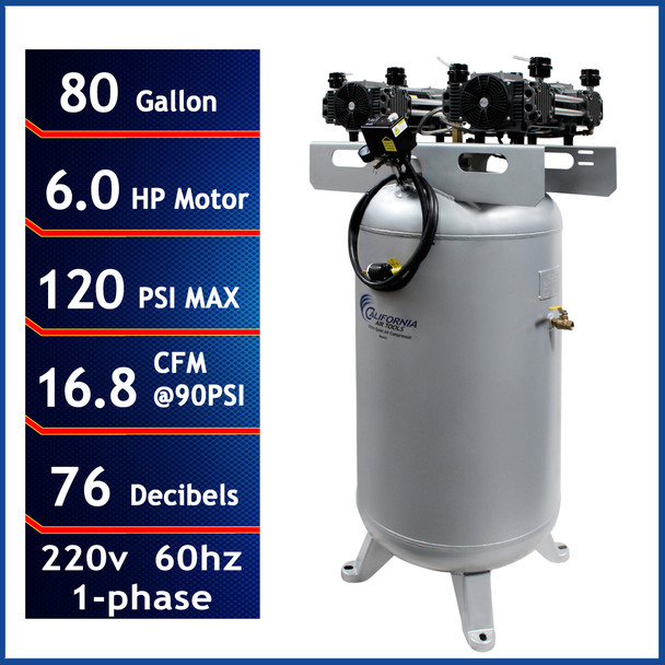 New California Air Tools Powerful Ultra-Quiet & Oil-Free 80-Gallon 6.0 HP Electric Stationary Air Compressor #116657 New California Air Tools Powerful Ultra-Quiet & Oil-Free 80-Gallon 6.0 HP Electric Stationary Air Compressor #116657