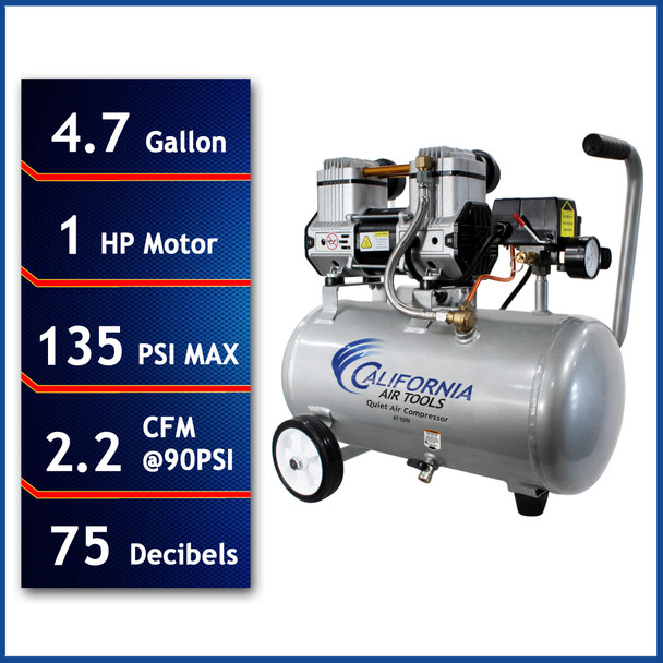 New California Air Tools Quiet & Oil-Free 1.0 HP, 4.7 Gallon, Steel Tank Electric Portable Air Compressor #116695 New California Air Tools Quiet & Oil-Free 1.0 HP, 4.7 Gallon, Steel Tank Electric Portable Air Compressor #116695
