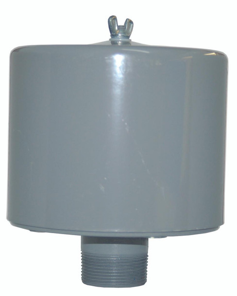 Air Compressor Sales Filter Assembly 1.25" MPT, gray metal air filter with threaded bottom and valve at the top.
