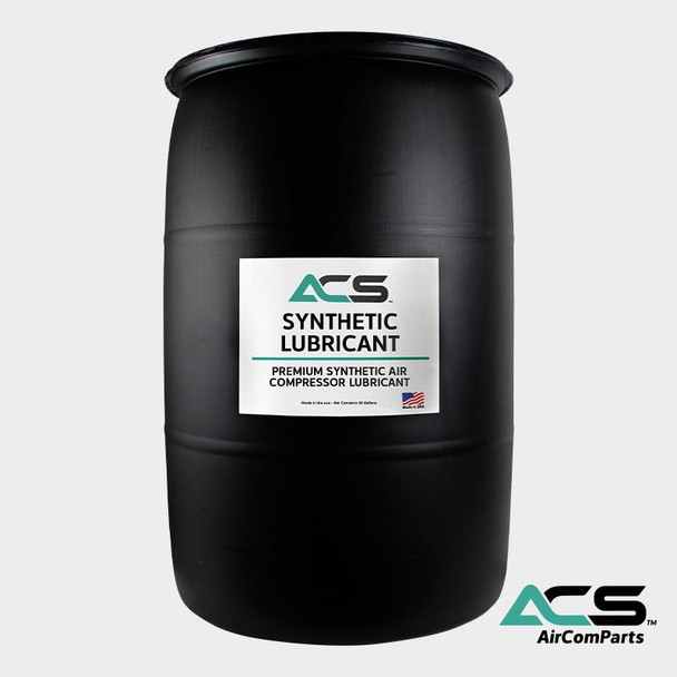 Air Compressor Sales MAX Coolant Air Compressor Lubricant, 55 Gallon Drum with label indicating synthetic lubricant for air compressors.