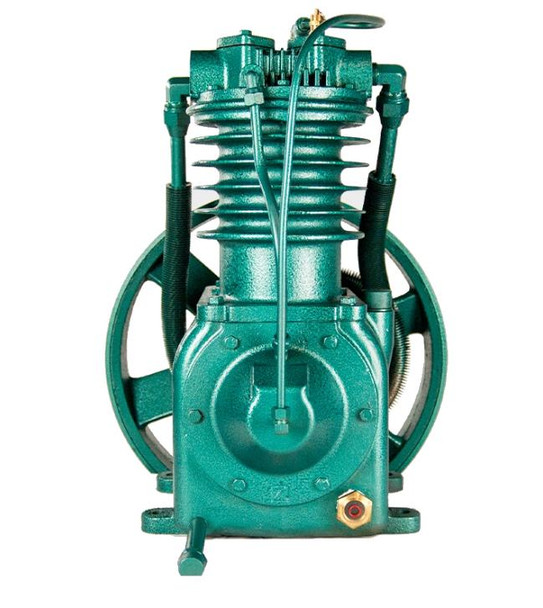 Air Compressor Sales Kellogg R332 Air Compressor Pump Replacement, Complete Assembly, Two-Stage, 3 - 5 HP #0187A2, front view of a green industrial two-stage air compressor pump with cooling fins and connecting hoses.