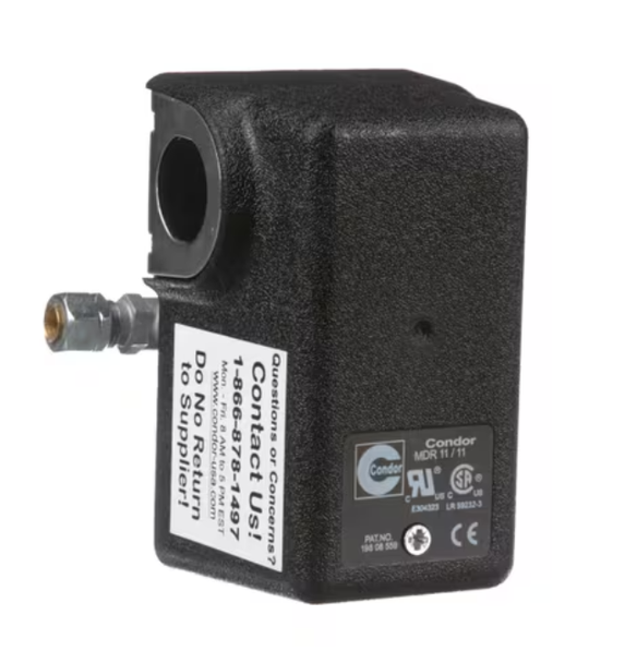 Condor MDR11 Pressure Switch, 95/125 PSI, 1-Port, 1/4" FPT, 90° Unloader Valve #1166DB