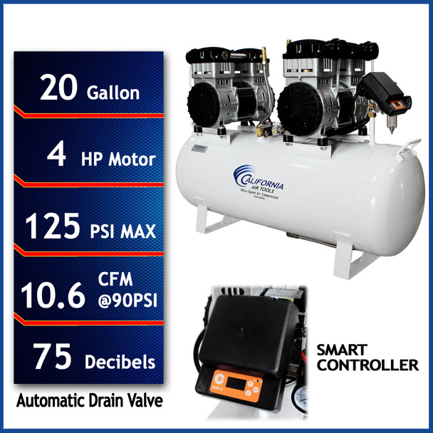 California Air Tools Powerful 4.0 HP SMART Ultra-Quiet & Oil-Free 20-Gallon Stationary Air Compressor w/ Automatic Drain Valve #116736