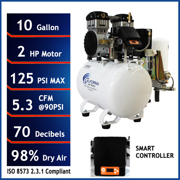 California Air Tools Powerful Powerful 2.0 HP SMART Ultra Quiet & Oil-Free 10-Gallon Air Compressor with 98% Air Dryer and Automatic Drain Valve #11673F