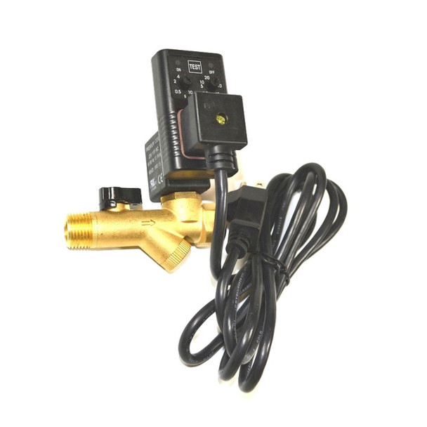 Product Chicago Pneumatic Atlas Copco Automatic Tank Drain Kit, with a brass valve, electrical control box, and wiring for automatic drainage management.