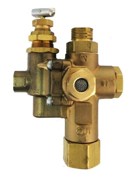 Conrader Pilot Unloader Valve, 125 PSI, NG3-M-125 #1162B4, brass industrial unloader valve with pressure regulator and inlet/outlet connections.