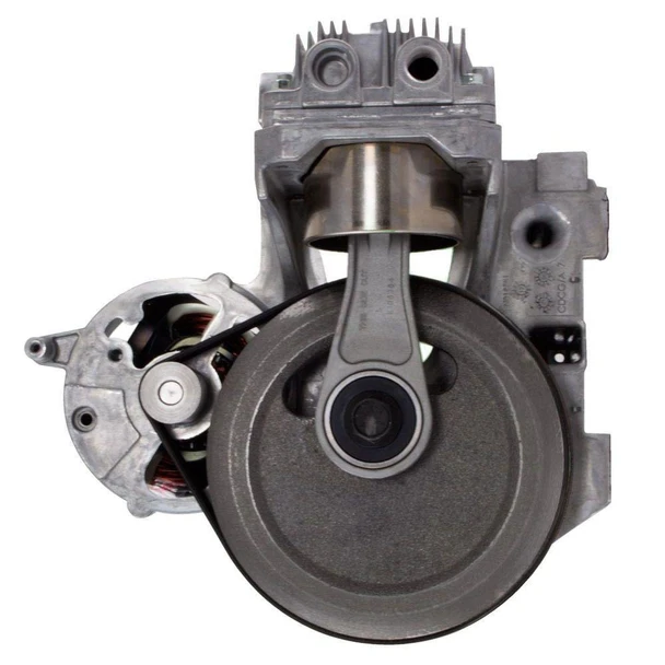 MAT - EDI Air Compressor Pump Replacement, Complete Assembly, Oil-Free, Direct-Drive, 1.7 HP #05A376, image of an industrial air compressor pump with metal components and a large circular flywheel.