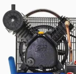 MAT - EDI New XC002500IP Air Compressor Pump Replacement, Complete Assembly, Two-Stage, 5 HP, industrial air compressor pump with metallic and black components, mounted on a black metal frame.