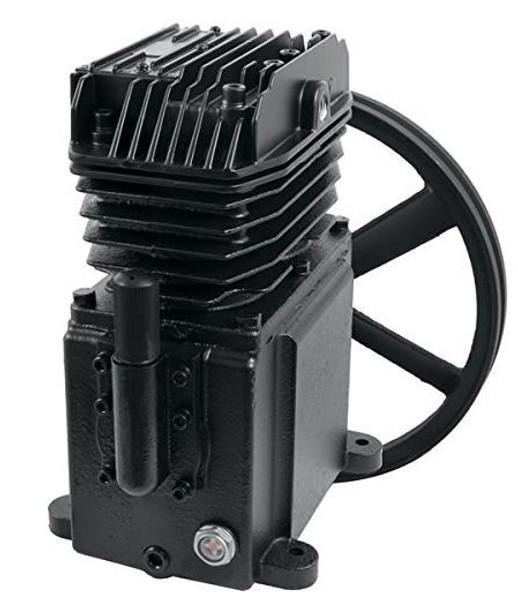 MAT - EDI 753H Air Compressor Pump Replacement, Complete Assembly With Flywheel, Single-Stage #05AA5D, detailed view of black industrial air compressor pump with finned cylinder head and flywheel.