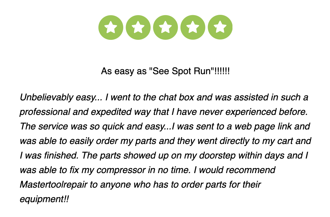 Text box with a Five star review that has five green circles running horizontally across the top of the box, each with a white star in the middle of the circle. Followed by a user review about the site being "as easy as 'See Spot Run'!!!!!!"