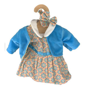 Doll clothes including dress, jacket and matching hair ties on a plywood hanger to fit 35cm Hopscotch Doll