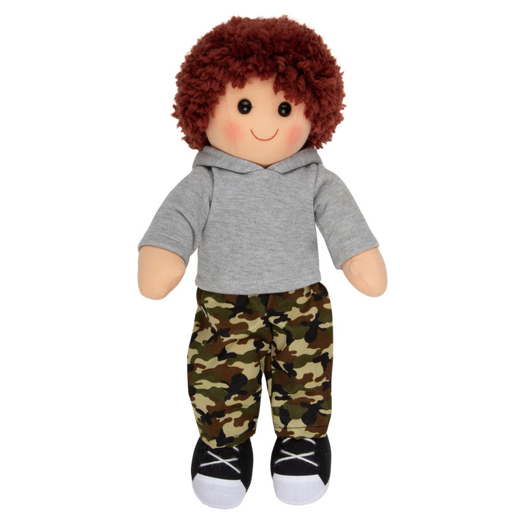 Tom - boy doll in camouflage pants and grey hoodie - 35cm