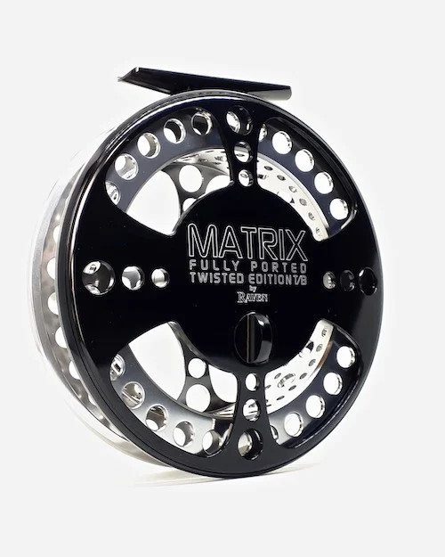 RAVEN_ Fishing Reel- 4 3/4" MATRIX TWISTED - BLACK SPOOL / TITANIUM BACKPLATE