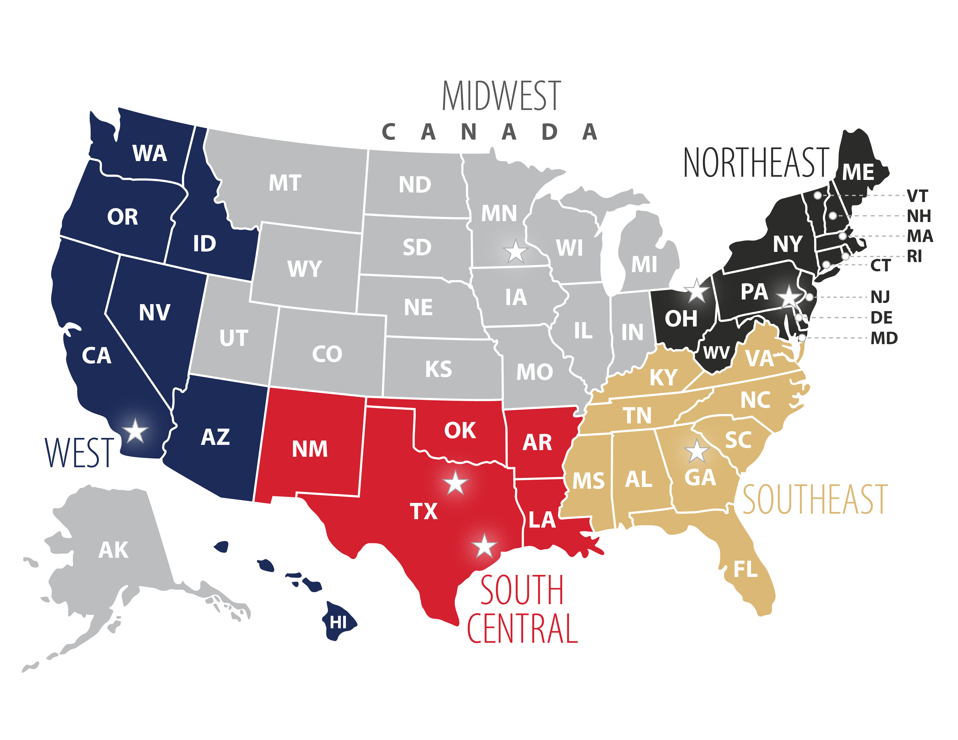 Map of the United States with states colored by region.
