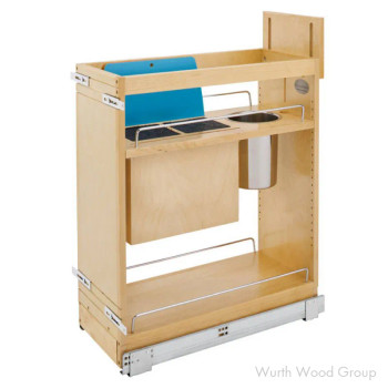 Rev-A-Shelf 448KB Maple 10-1/4" 1-Bin 2-Shelf Base Cabinet Organizer with Knife Block and Utensil Bin with Soft-Close Slides, 448KB-BCSC-9C | 448KBBCSC9C