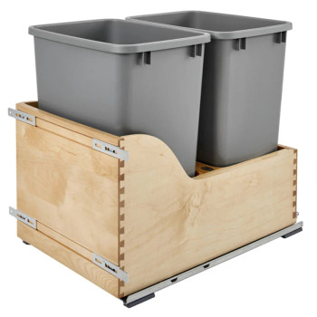 Rev-A-Shelf 4WCSD 15" Maple Bottom Mount Waste Pullout with 2-35 Quart Silver Bins Soft-Close, 4WCSD-1835DM-2, 35QT, 15"W x 22 1/2"D x 19 1/2"H | 4WCSD1835DM2