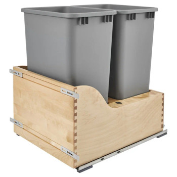 Rev-A-Shelf 4WCSD 18" Maple Bottom Mount Waste Pullout with 2-50 Quart Silver Bins Soft-Close, 4WCSD-2150DM-2, 50QT, 18"W x 22 1/2"D x 23 3/8"H | 4WCSD2150DM2