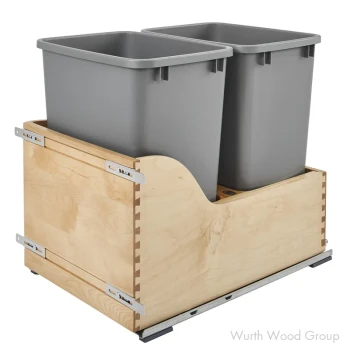 Rev-A-Shelf 4WCSC 12" Maple Bottom Mount Waste Pullout with 2-35 Quart Silver metallic Bins Soft-Close, 4WCSC-1835DM-2-16, 35QT | 4WCSC1835DM216