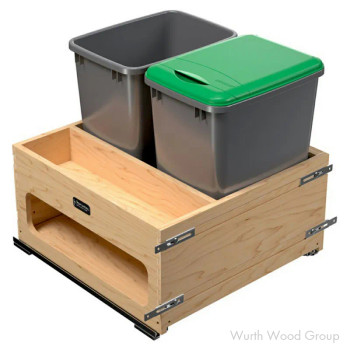 Rev-A-Shelf 4WCWM 20-31/32" Maple Bottom Mount Waste Pullout with 2-35 Quart Silver Bins Soft-Close, 4WCWM-2435DMSC-2, 24" CAB DBL 35QT | 4WCWM2435DMSC2