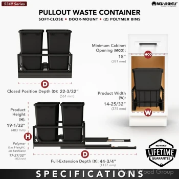 Rev-A-Shelf 5349 14-13/16" Aluminum Bottom Mount Waste Pullout with 2-35 Quart Silver Bins Soft-Close, 5349-18DM-217, DOUBLE 35 QT | 534918DM218