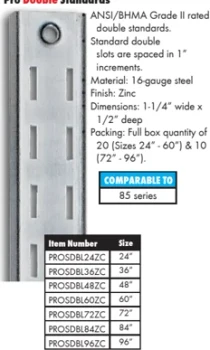 Pro Value Series 96" PRO Value Heavy-Duty Double Slot Shelf Standard, Brushed Zinc Finish 20/Box | PROSDBL96ZC